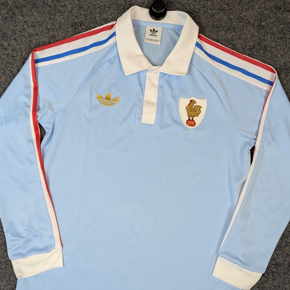 Adidas France FFR Long Sleeve Polo Shirt Light Blue Trefoil Gold Logo Men Medium